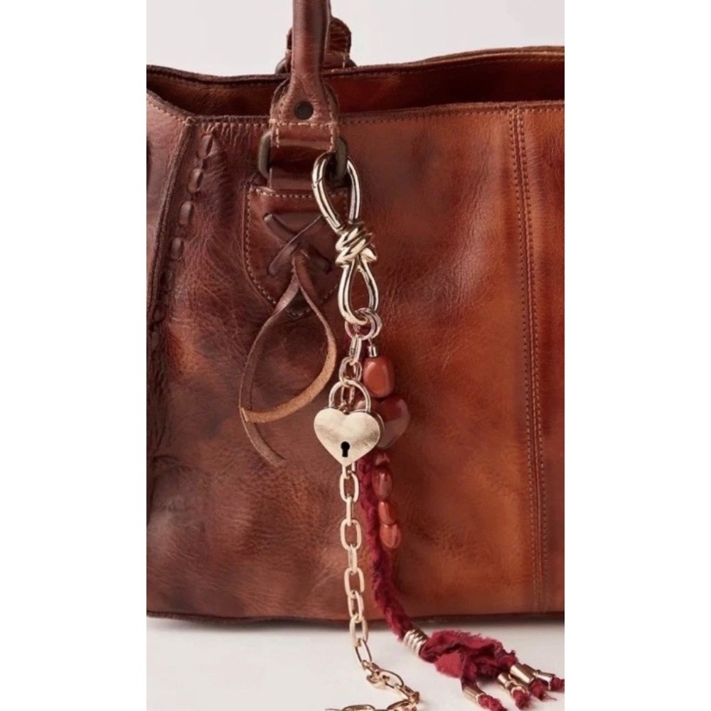 Free People Heart Padlock Bag Charm Tassel Stone Bead Keychain NWT Gold Burgundy